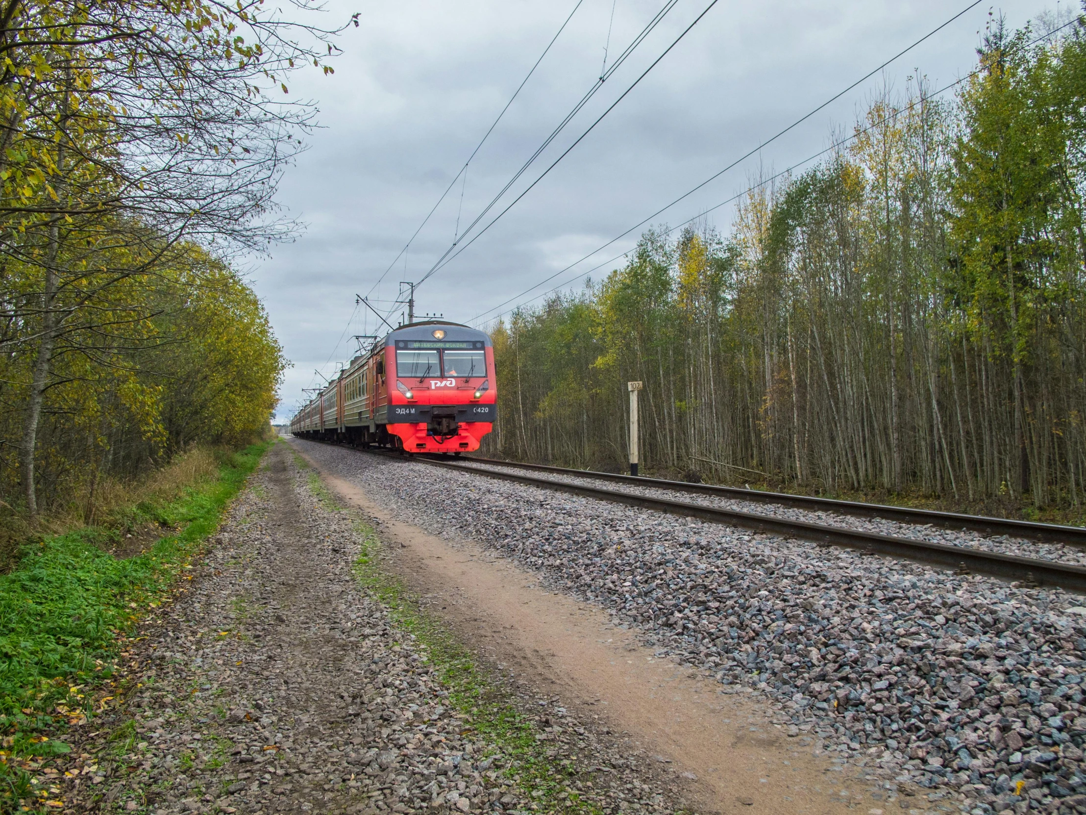 a red train traveling down train tracks next to a forest, by Pavel Fedotov, low quality photo, fan favorite, panorama, 1 0 / 1 0