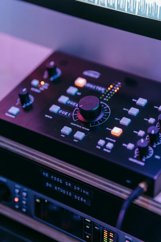 a computer monitor sitting on top of a desk, an album cover, by Robbie Trevino, trending on pexels, synthesizer, dj mixer, tannoy, black and blue and purple scheme