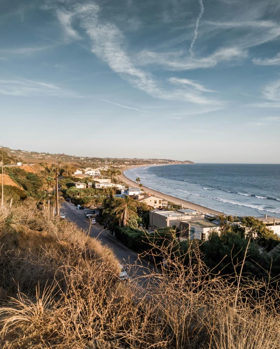 a view of a beach from the top of a hill, unsplash, renaissance, malibu canyon, bushes in the foreground, apartment, late afternoon