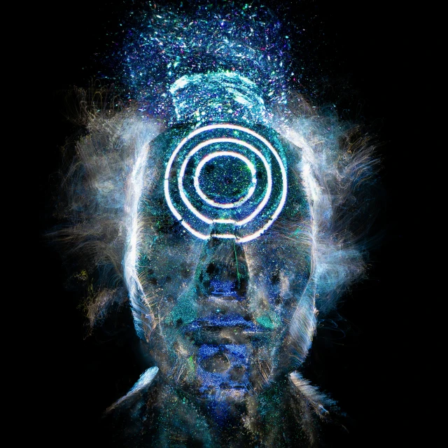 a man with a spiral in his head, a hologram, pexels contest winner, portrait of a robot shaman, from below, tinnitus, particle