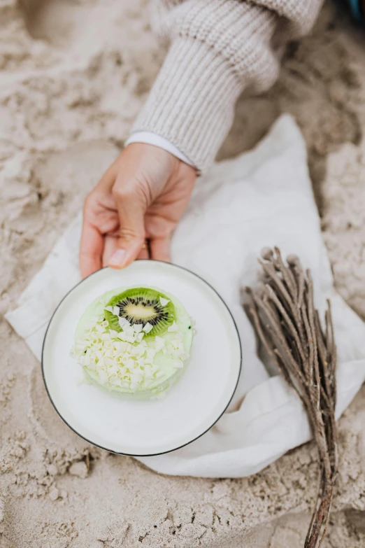 a person holding a plate with food on it, by Nina Hamnett, unsplash, conceptual art, sea foam, kiwi, white sand, chiffon