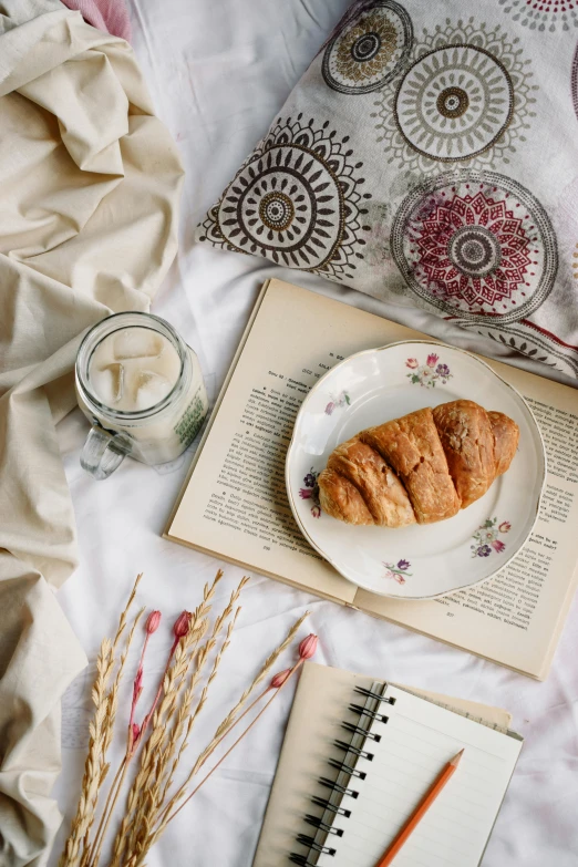 a white plate topped with a croissant next to a cup of coffee, a still life, trending on pexels, romanticism, with one vintage book on a table, on a sumptuous tablecloth, 4l, pastel'