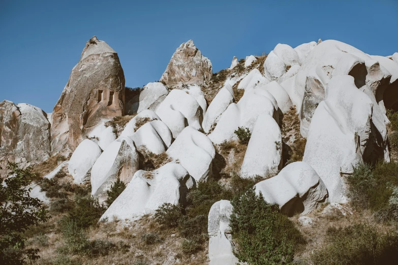 some snow rocks plants and a sky