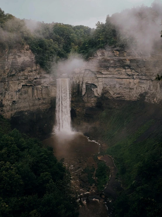 a waterfall surrounded by trees on a mountain