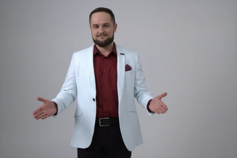 a man in a white jacket and red shirt, inspired by János Donát, pexels, holography, high quality suit, shrugging arms, vray smooth, video footage