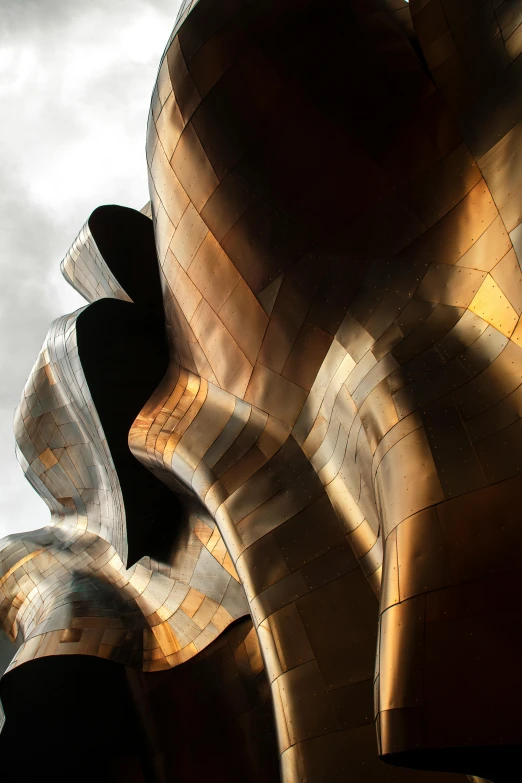 a close up of a sculpture with a sky in the background, frank gehry architecture, dramatic lighting”, copper veins, shrouded figure