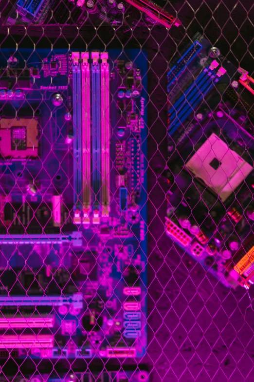 a close up of a computer mother board, a computer rendering, by Adam Marczyński, pexels, purple and pink and blue neons, 2 5 6 x 2 5 6 pixels, gpus go brrr, stacked computer screens