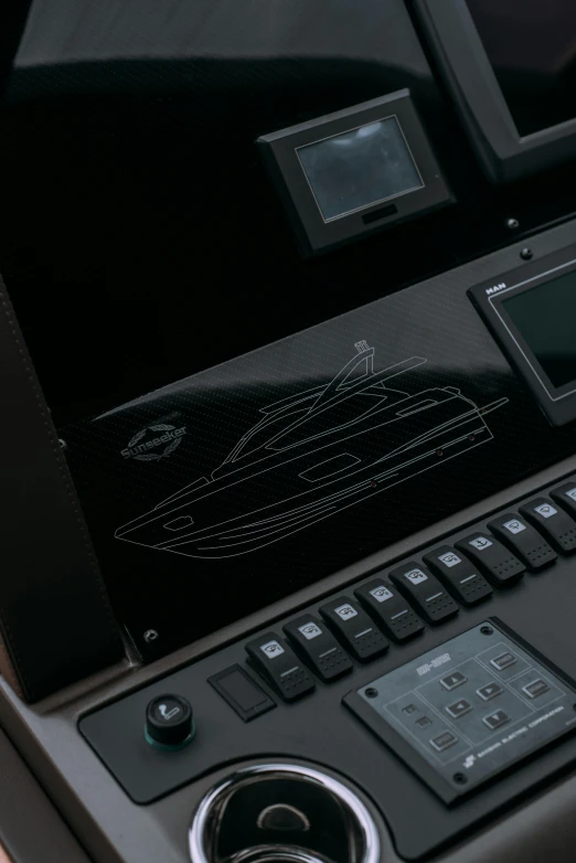 a laptop computer sitting on top of a desk, an engraving, by Adam Marczyński, unsplash, holography, ship control panel close-up, on a super yacht, transparent black windshield, high body detail