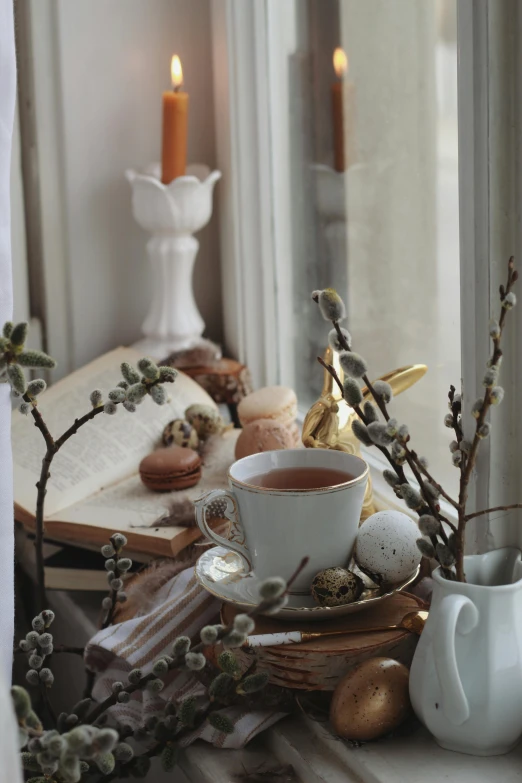 a cup of tea sitting on top of a window sill, a still life, inspired by Elsa Beskow, pexels contest winner, romanticism, easter, miniature cafe diorama, brown, :: morning