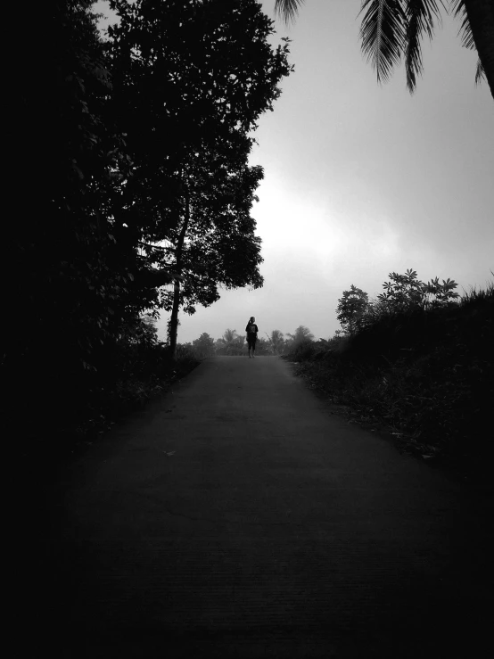 a black and white photo of a person walking down a road, by Sudip Roy, cinematic. by leng jun, unsettling image, a park, fog. by greg rutkowski
