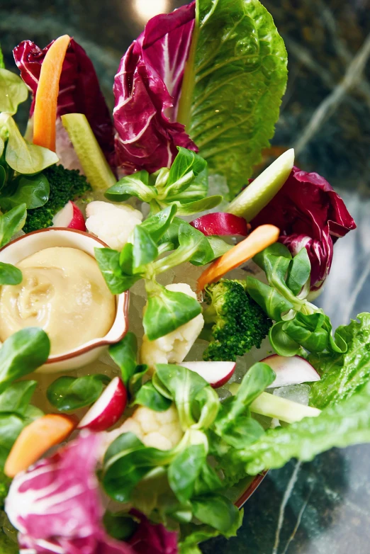 a close up of a plate of food on a table, cutting a salad, vegetables, liquid gold, spring vibrancy