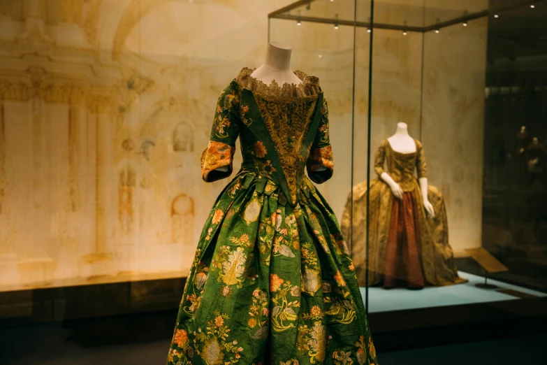 a dress on display in a glass case, a portrait, inspired by Mary Beale, trending on unsplash, rococo, wearing elaborate green and gold, “wide shot, diverse outfits, green magenta and gold