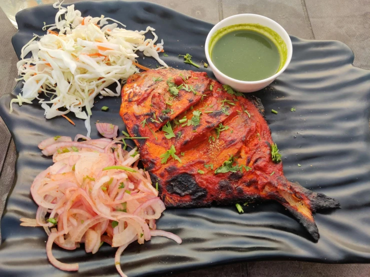 a close up of a plate of food on a table, profile image, vastayan, grilled chicken, pink