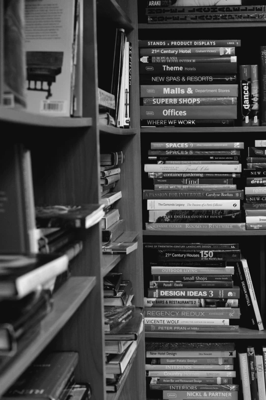 a black and white photo of a bookshelf full of books, by Felix-Kelly, tri - x pan stock, black and white and red, programming, indie