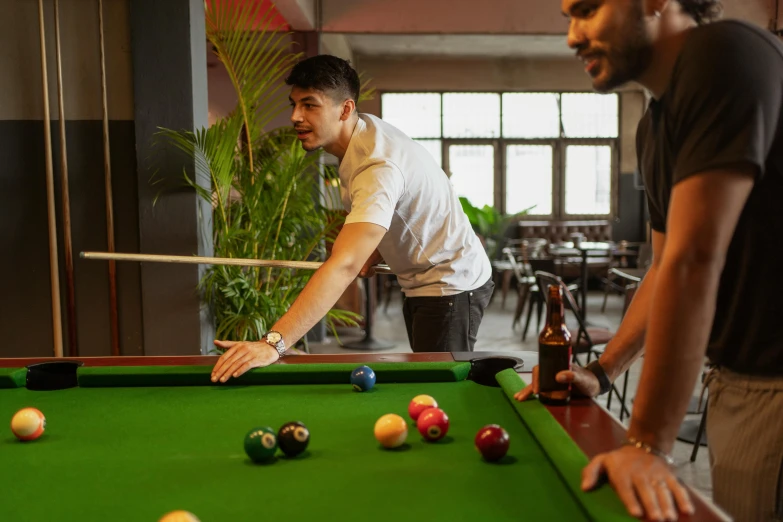 a couple of men playing a game of pool, pexels contest winner, 15081959 21121991 01012000 4k, lachlan bailey, thumbnail, casually dressed