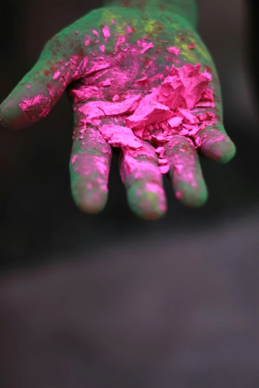 a person with green and pink paint on their hands, shimmering color, photographed for reuters, vibrant pink, mdma