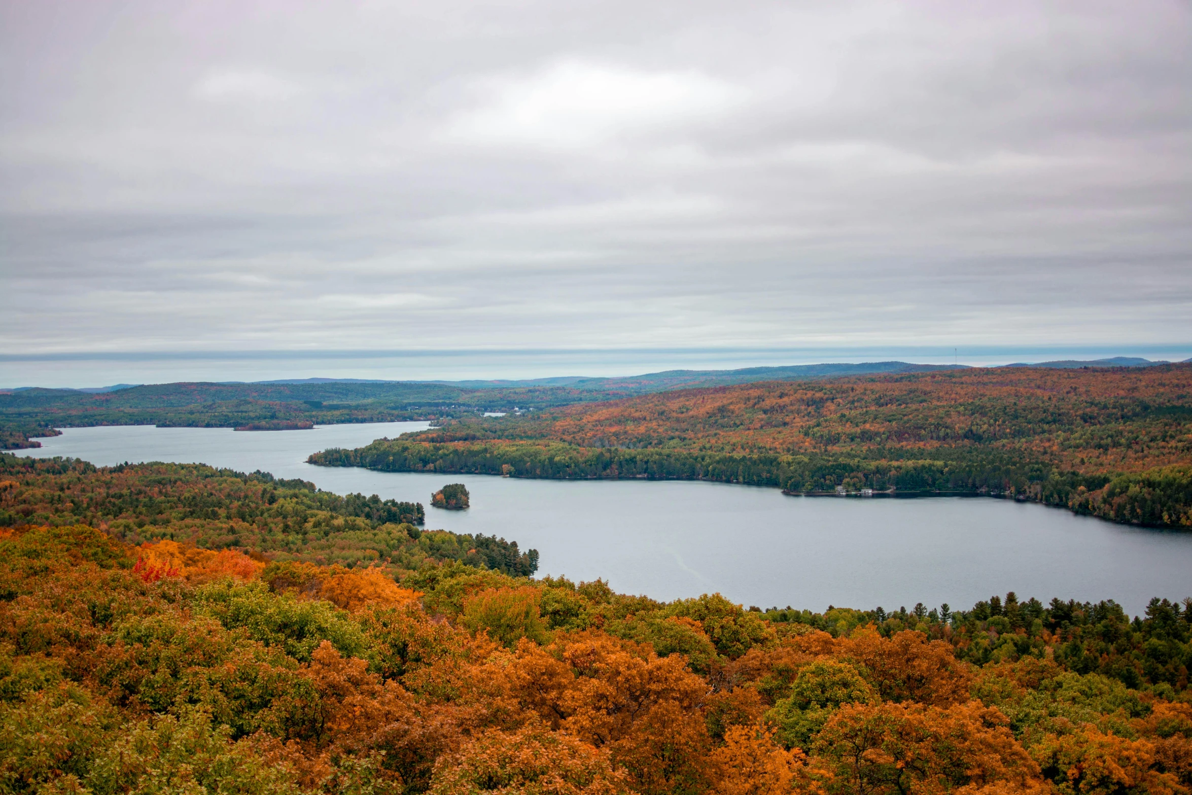 a large body of water surrounded by trees, inspired by Tom Thomson, pexels contest winner, hudson river school, lookout tower, autum, chairlifts, maple syrup sea