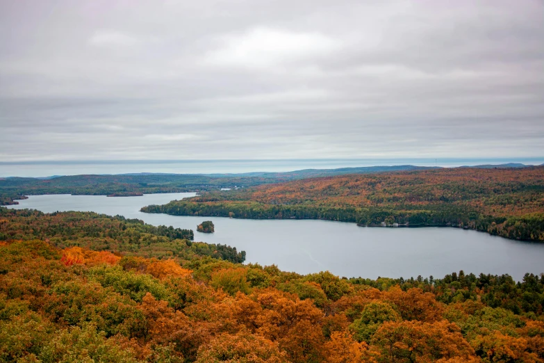 a large body of water surrounded by trees, inspired by Tom Thomson, pexels contest winner, hudson river school, lookout tower, autum, chairlifts, maple syrup sea