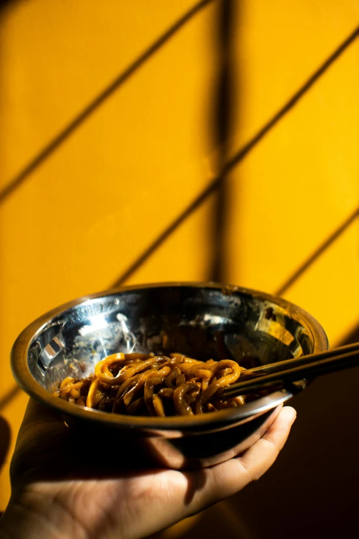 a person holding a bowl of noodles with chopsticks, by Tobias Stimmer, square, sri lanka, high quality photo, shiny crisp finish