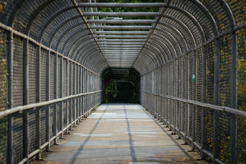 a walkway leading into a tunnel with trees in the background, a portrait, inspired by Thomas Struth, unsplash, cages, steel archways, conor walton, barriers