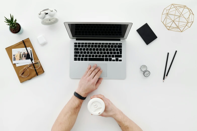 a person sitting at a desk with a laptop and a cup of coffee, trending on pexels, white background”, avatar image, flatlay, 9 9 designs