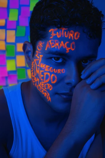 a young man with neon paint on his face, by Almada Negreiros, with neon signs, ‘luca’, surreautistic, salvador