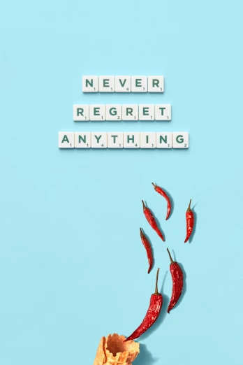 a poster with the words never regret anything, inspired by Edward Ruscha, trending on pexels, happening, pepper, clemens ascher, recipe, turquoise and venetian red