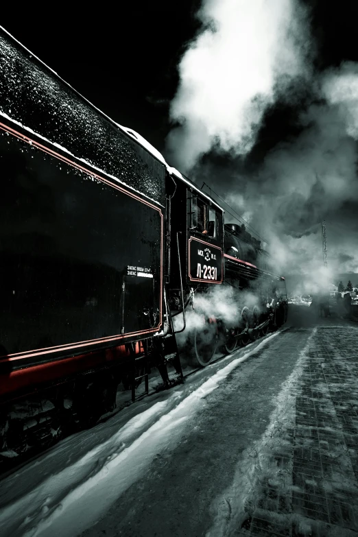 a black and red train traveling down train tracks, a black and white photo, pexels contest winner, snowy night, billowing steam and smoke, elegantly dressed, contrasted colors