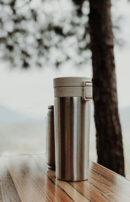 a couple of cups sitting on top of a wooden table, water bottles, next to a tree, detailed product image, stainless steel