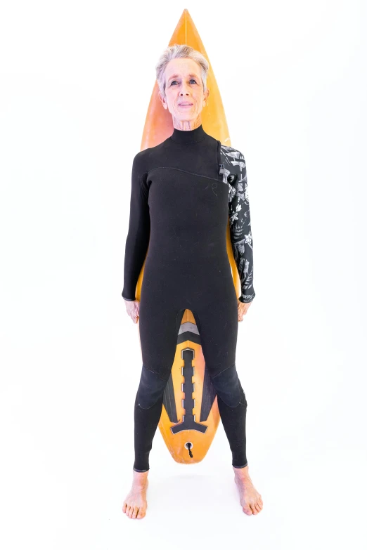 a woman in a wet suit holding a surfboard, by Ellen Gallagher, dada, white man with black fabric mask, full body frontal view, zentai suit, black and orange