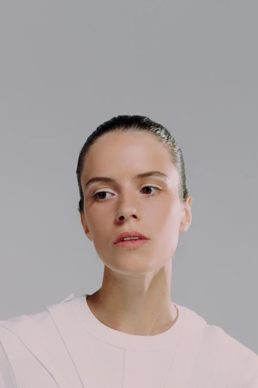 a close up of a person wearing a white shirt, an album cover, inspired by Anna Füssli, hyperrealism, daisy ridley, looking straight to camera, slicked-back hair, light falling on face