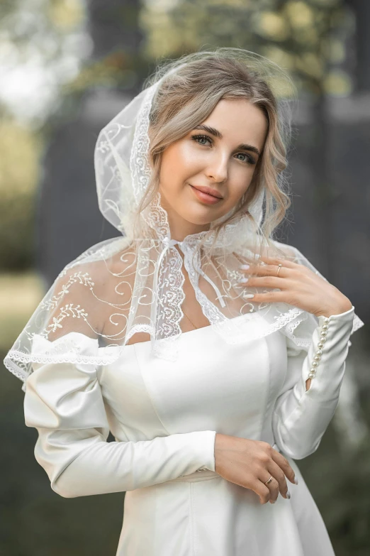 a woman in a wedding dress posing for a picture, a portrait, shutterstock, baroque, hooded, slavic, square, 15081959 21121991 01012000 4k