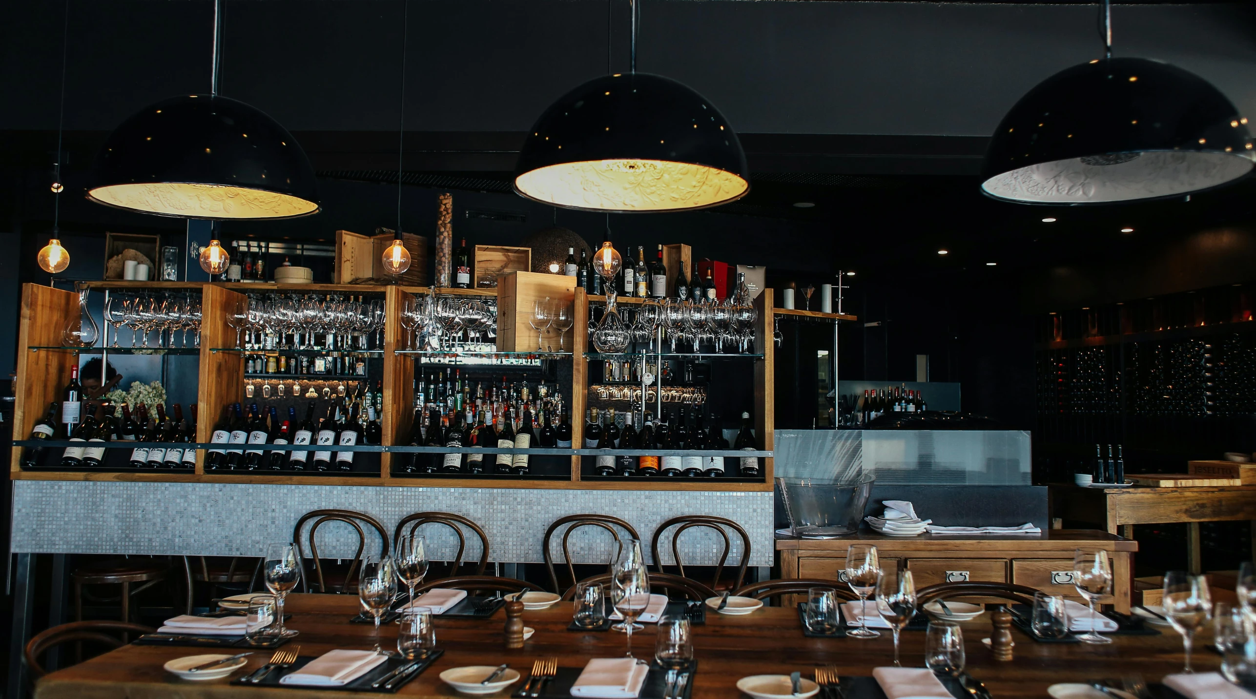 a dining room filled with lots of tables and chairs, by Tom Bonson, unsplash, wine, caulfield, chef table, charcoal and champagne