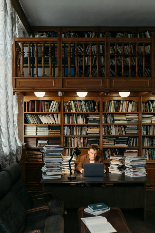 a woman sitting at a desk in front of a laptop computer, by Adriaen Hanneman, pexels contest winner, academic art, spiral shelves full of books, still from a wes anderson movie, inside a castle library, alexey gurylev