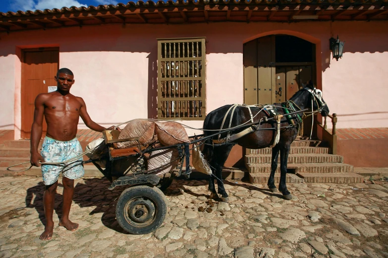 a man standing next to a horse pulling a cart, by Ceferí Olivé, square, natural beauty, ap, edu souza
