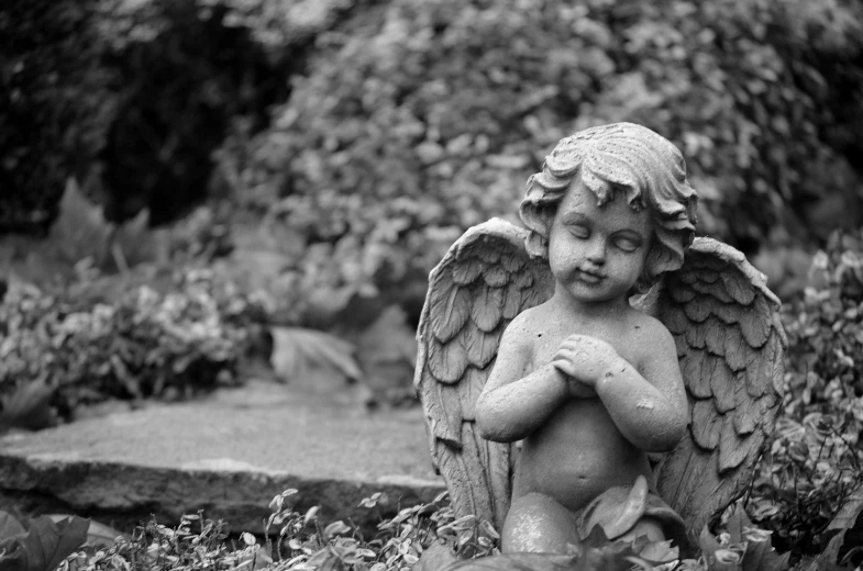 a black and white photo of a statue of an angel, a statue, sitting in the garden, cherub, getty images, 2000s photo