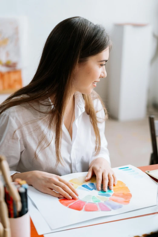 a woman sitting at a desk in front of a laptop, a watercolor painting, pexels contest winner, coloring book style, smiling young woman, painting on a canvas, white