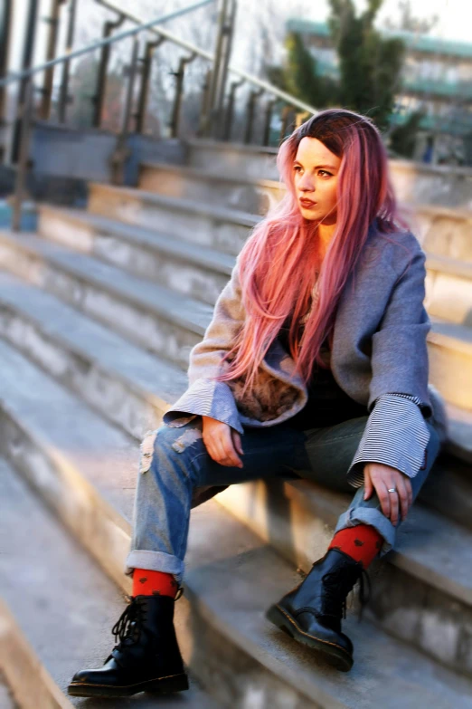 a woman with pink hair sitting on some steps, wearing boots, profile image, dasha taran, smug look