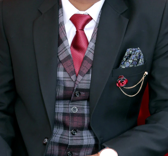 a close up of a person wearing a suit and tie, red and black details, 3 - piece, wearing a vest, wearing suits!