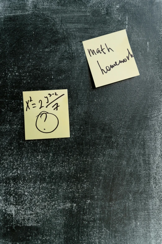 a blackboard with sticky notes attached to it, math, medium shot of two characters, holes, brown