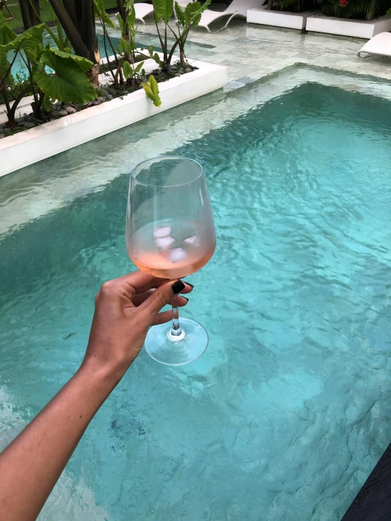 a hand holding a glass that is in front of a pool