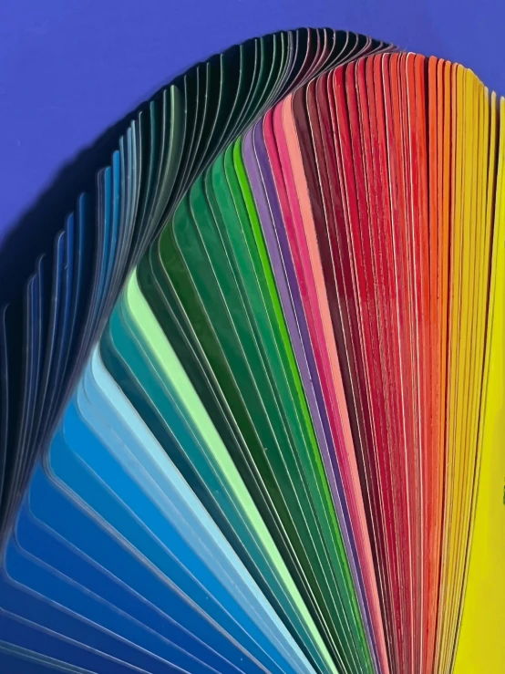 a close up of a multicolored fan against a blue sky, inspired by Johannes Itten, color field, cardstock, 256 colors, color chart, heavy pigment