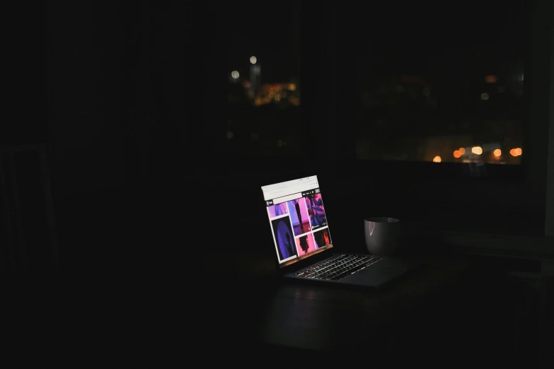 a laptop computer sitting on top of a wooden desk, unsplash, computer art, it's night time, instagram photo, rectangle, responsive