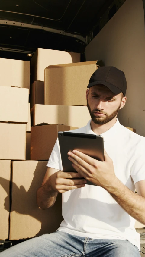 a man sitting in the back of a truck holding a tablet, shutterstock, cardboard, square, inspect in inventory image, lgbtq