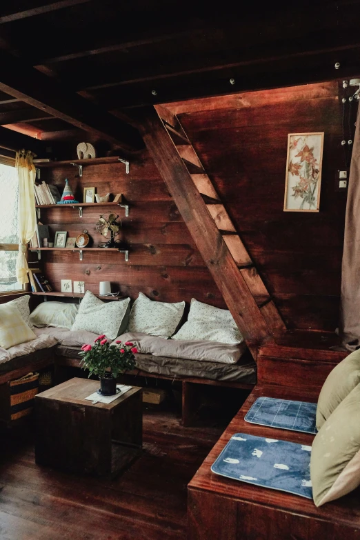 this is a living room with an attic style wooden wall
