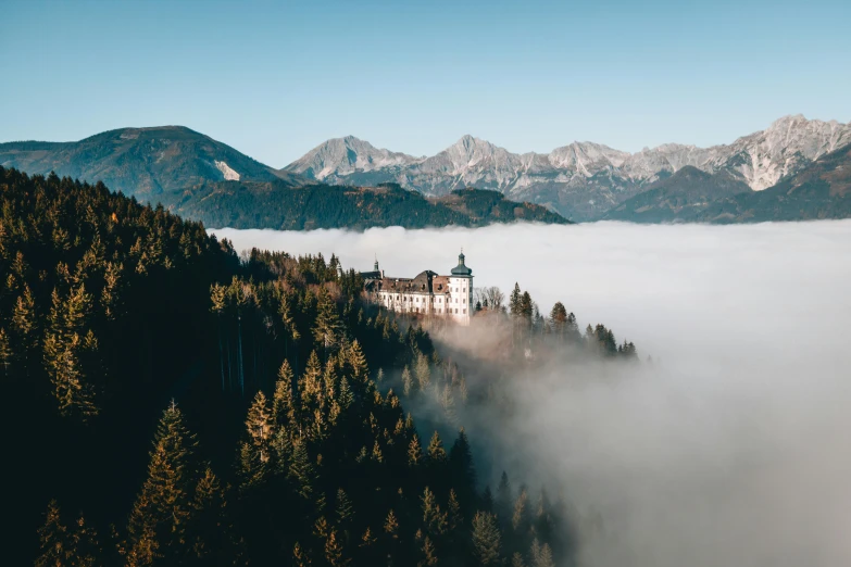 a view of a castle surrounded by trees and mist