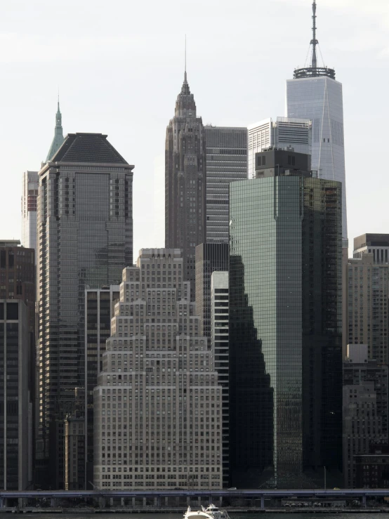 a boat in a body of water with a city in the background, manhatten on top of skyscrapers, ap news photograph, tall spires, ilustration