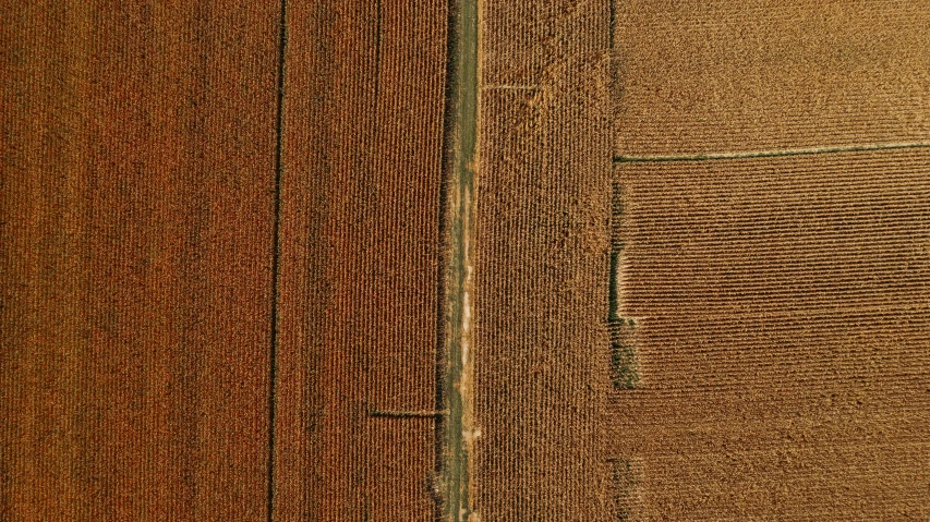 an aerial view of a tractor plowing a field, by Attila Meszlenyi, ocher details, square lines, texture detail, brown