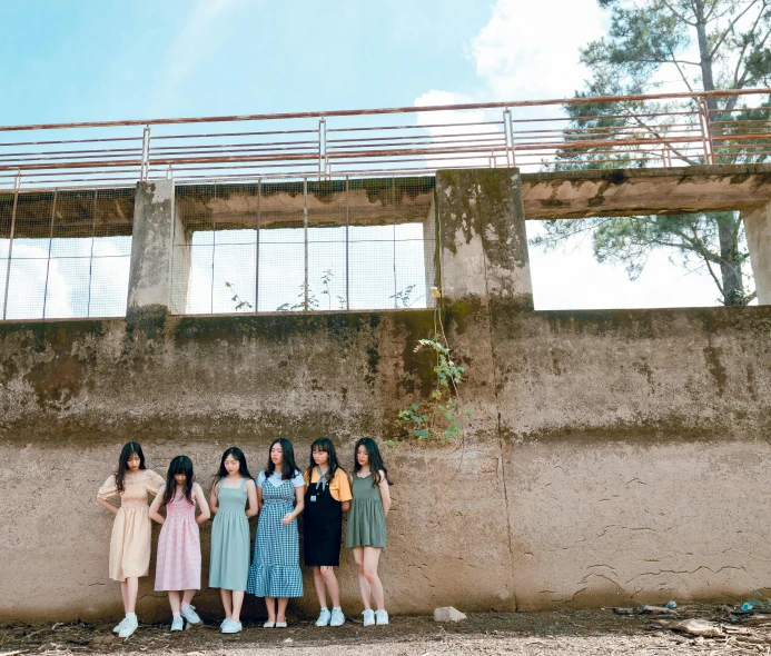 a group of women standing next to each other, an album cover, unsplash, ulzzang, standing in abandoned building, portrait n - 9, summer sky