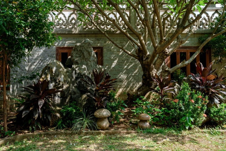 a tree that is next to a building, by Pamela Drew, unsplash, art nouveau, assam tea garden setting, stone statues, full frame image, shot on sony a 7